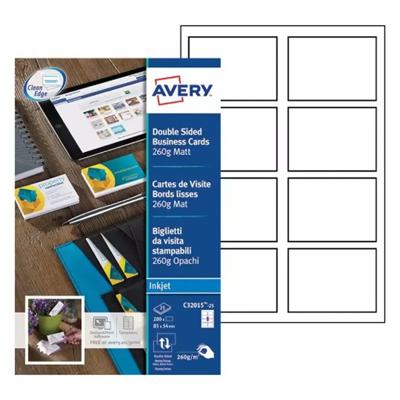 AVERY 200 Cartes de visite à imprimer Quick&Clean 260 g/m2 blanc mat