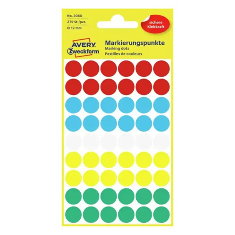Avery Zweckform pastilles adhésives -couleurs assorties diamètre 12 mm