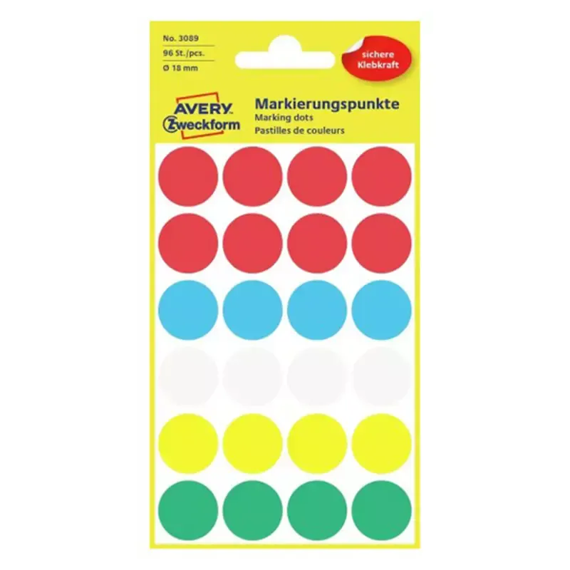 Avery Zweckform pastilles adhésives -couleurs assorties diamètre 18mm