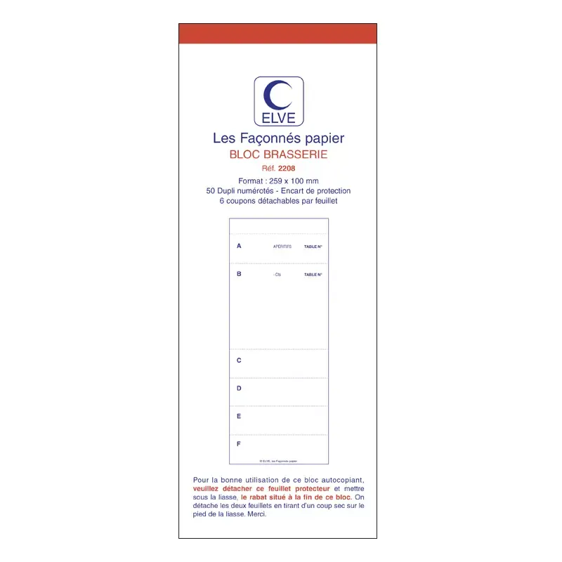 Bloc brasserie Elve dupli autocopiant 100 x 259 mm, 50 feuillets à 6 coupons