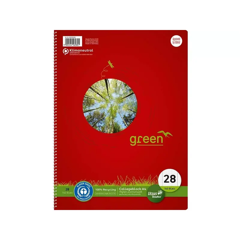Cahier spirale Ursus Green A4, petits carreaux