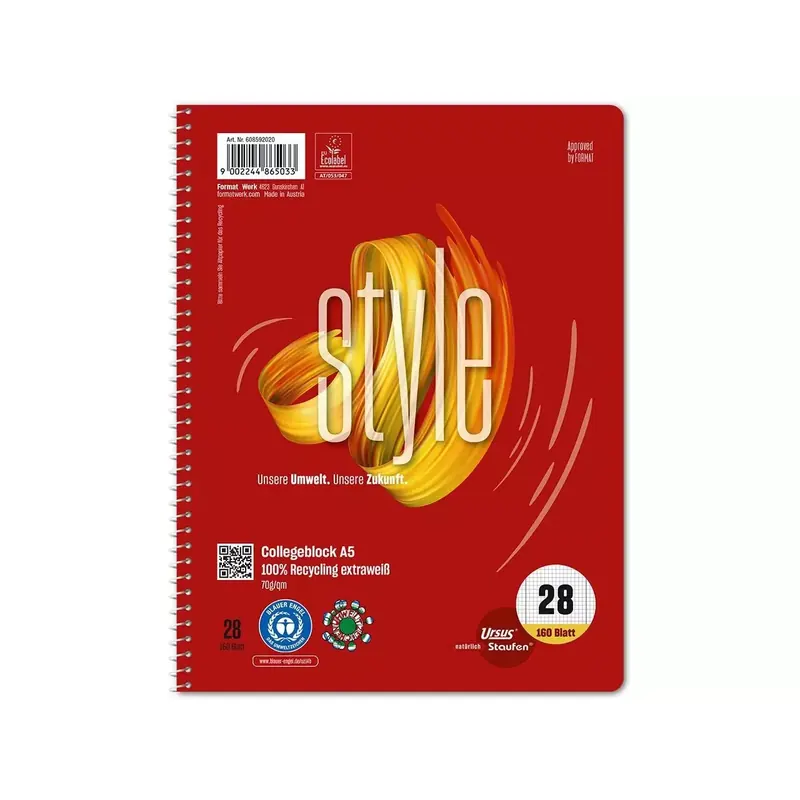 Cahier spirale Ursus Green A5 petits carreaux