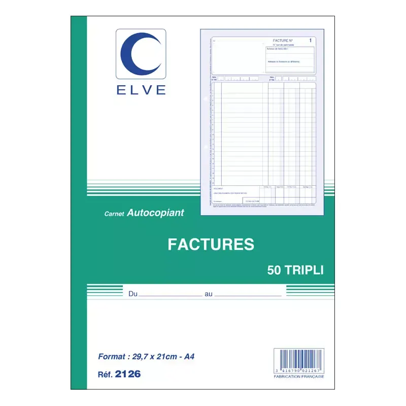 Carnet Autocopiant Factures avec TVA - Format A4 Tripli - 50 Feuillets Numérotés
