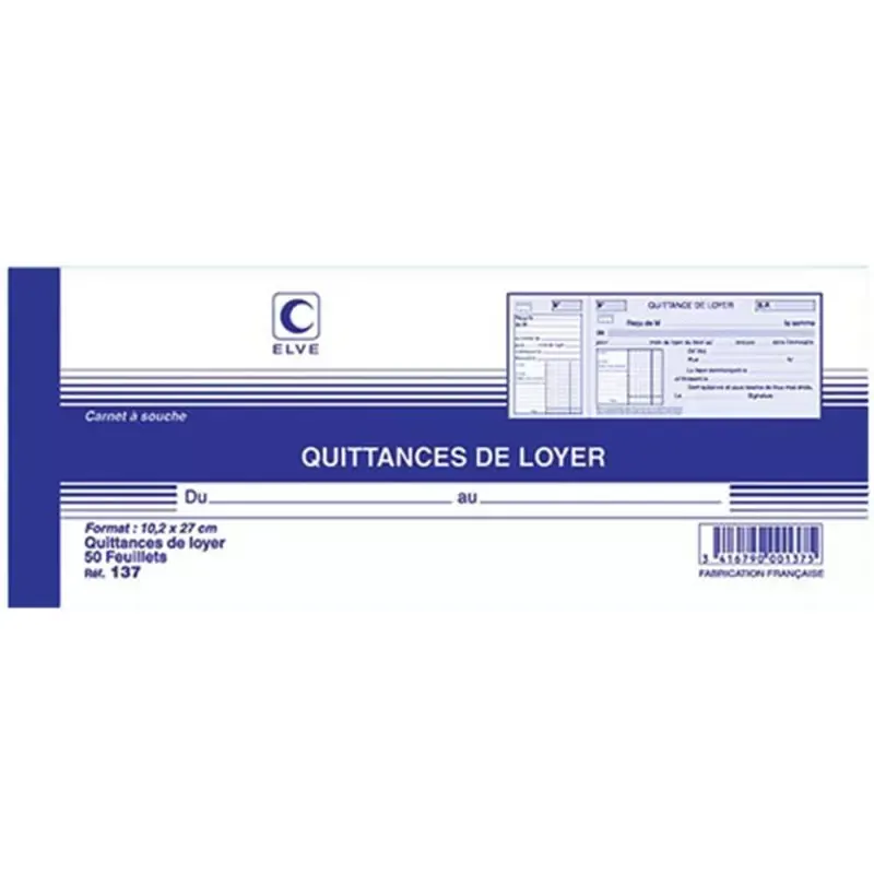 Carnet  de quittances de loyer - 105 x 270 mm - 50 feuillets