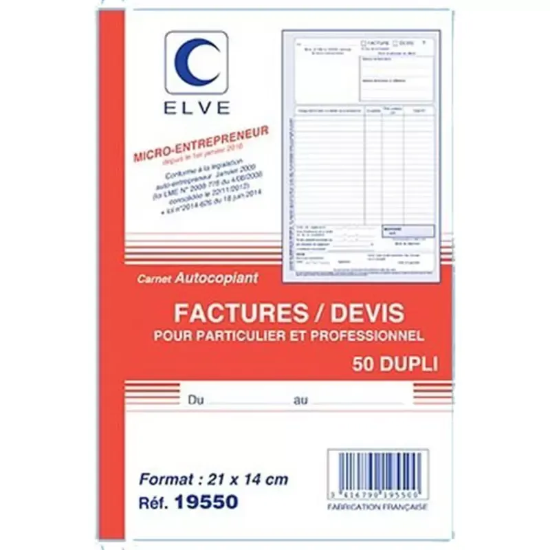 Carnet Facture-Devis Auto-Entrepreneur Sans TVA Autocopiant 50 Feuillets
