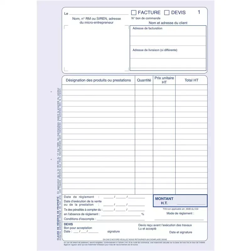 Carnet Facturier Auto-Entrepreneur Sans TVA ELVE - 40 Feuillets Dupli A4