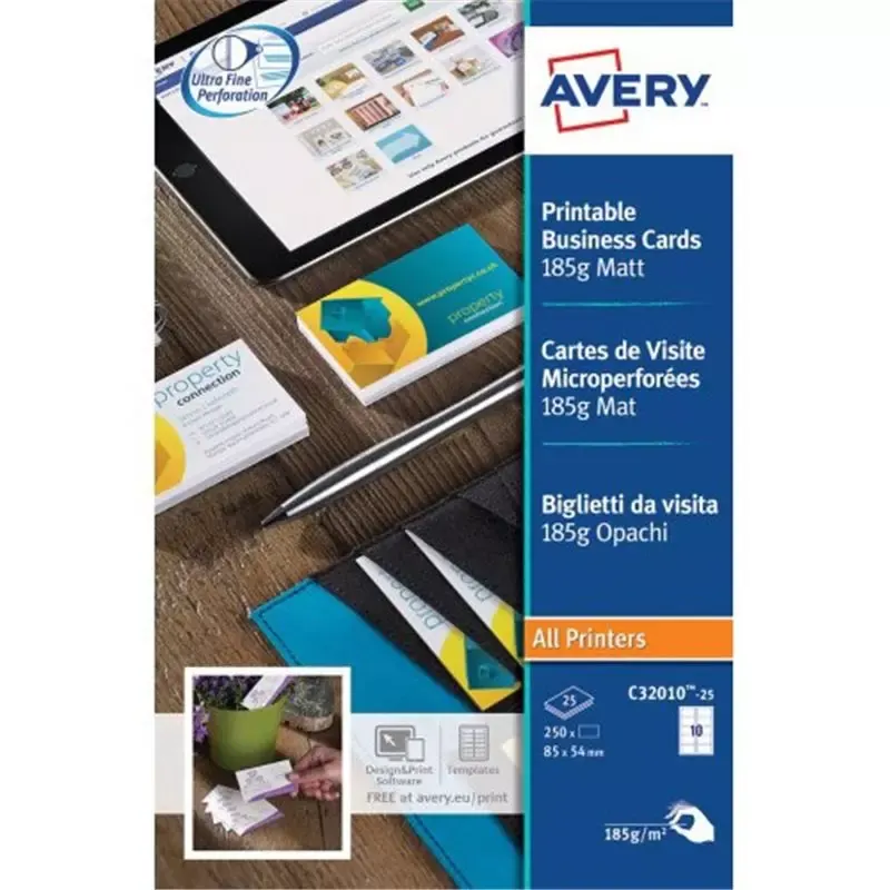 Cartes de visite Avery 85 x 54 mm blanches mat 185 g, jet d'encre et laser (250 cartes)