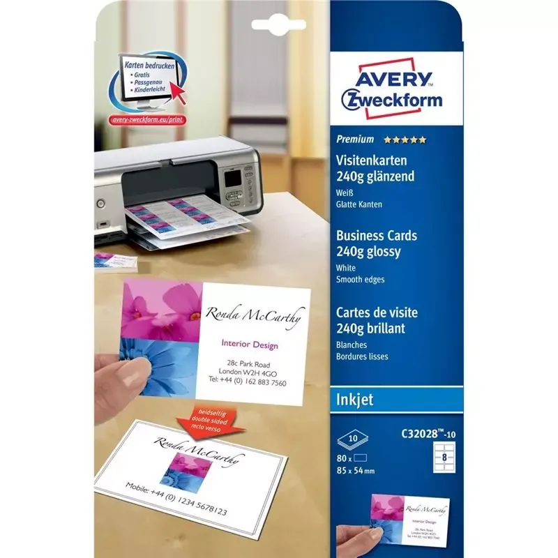 Cartes de visite Avery - 85 x 54 mm - brillant - 240g - 80 cartes