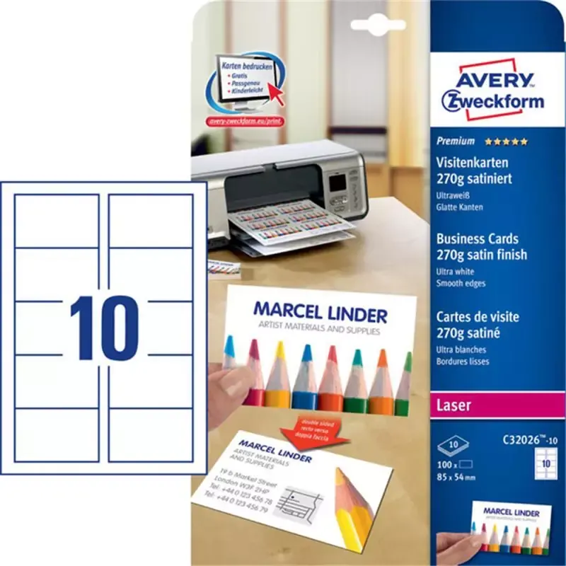 Cartes de visite Avery Laser - 85 x 54 mm - mat - 270g - 100 cartes