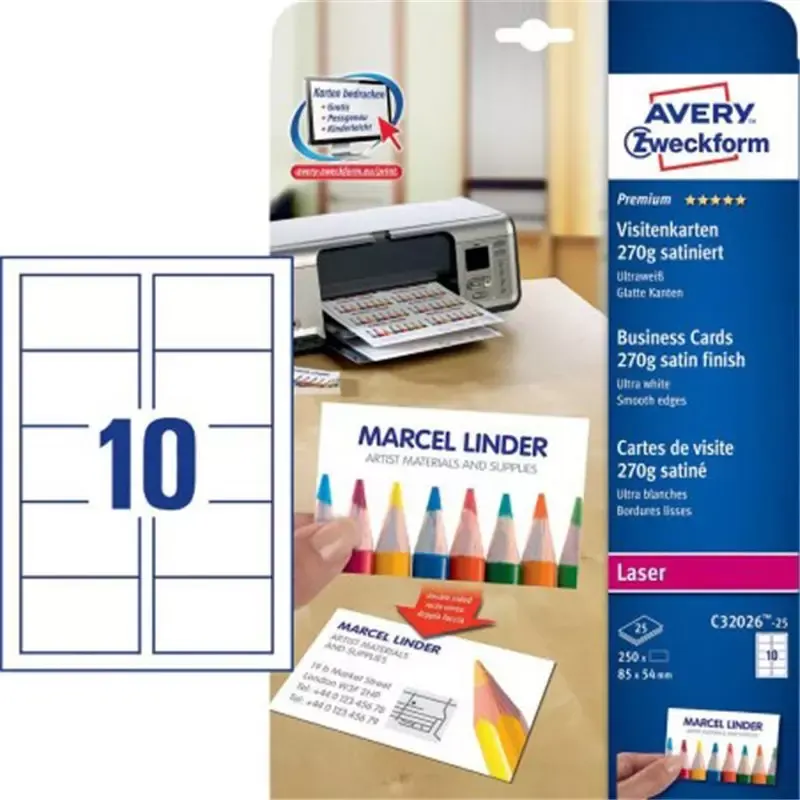 Cartes de visite Avery Laser - 85 x 54 mm - mat - 270g - 250 cartes