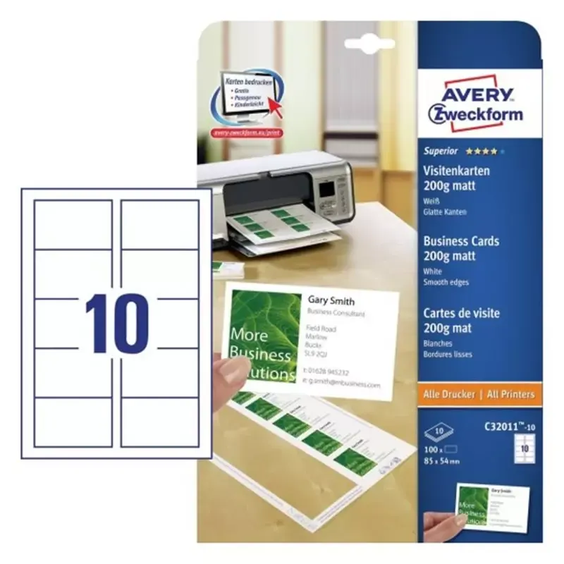 Cartes de visite Avery Laser et jet d'encre - 85 x 54 mm - mat - 200g - 100 cartes