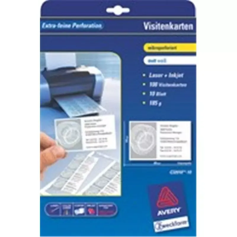 Cartes de visite Avery laser et jet d'encre - 85x54 mm - mat - 185g -100 cartes