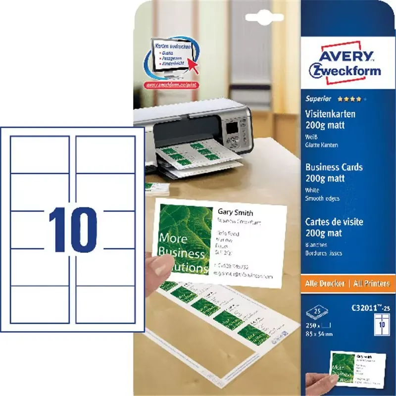 Cartes de visite Avery Quick & Clean blanches mates 200 g/m² 85 x 54 mm (250 cartes)