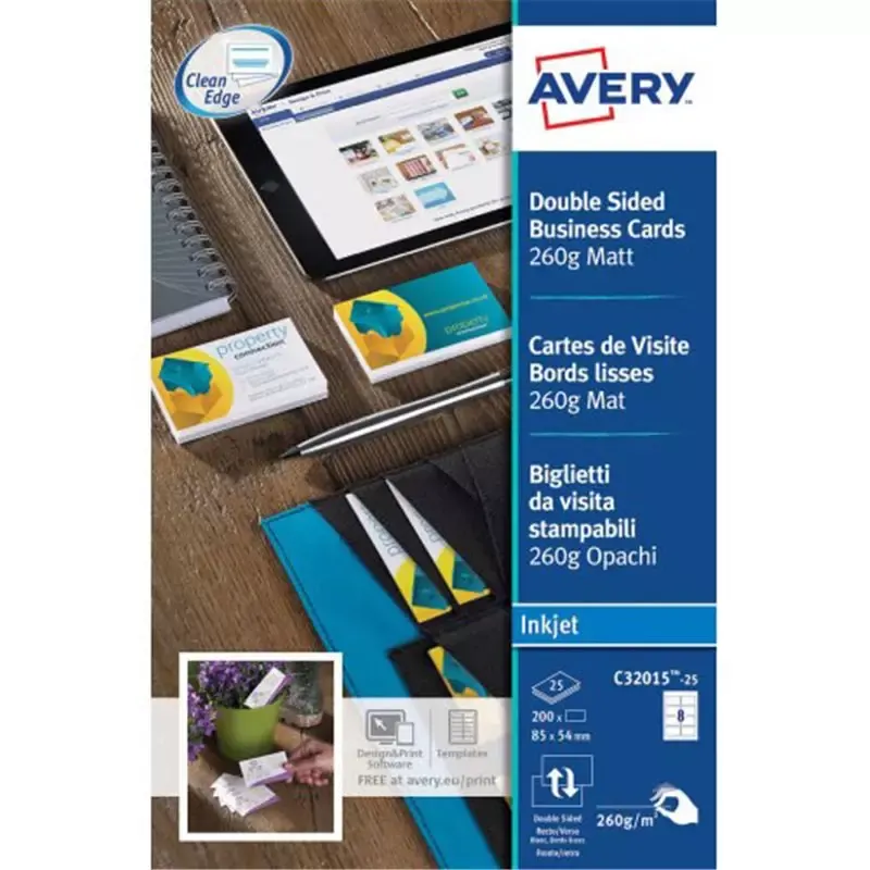 Cartes de visite Avery "Quick & Clean" - mat - 260g - 25F - blanc