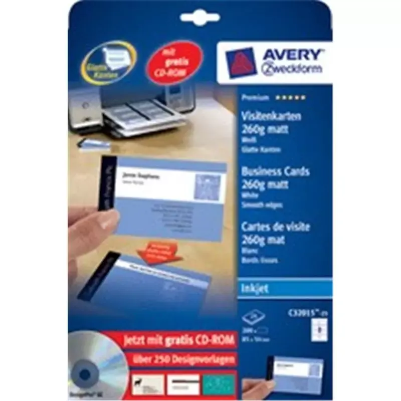 Cartes de visite Avery Quick & Clean mates 260 g/m² jet d'encre 85 x 54 mm (80 cartes)