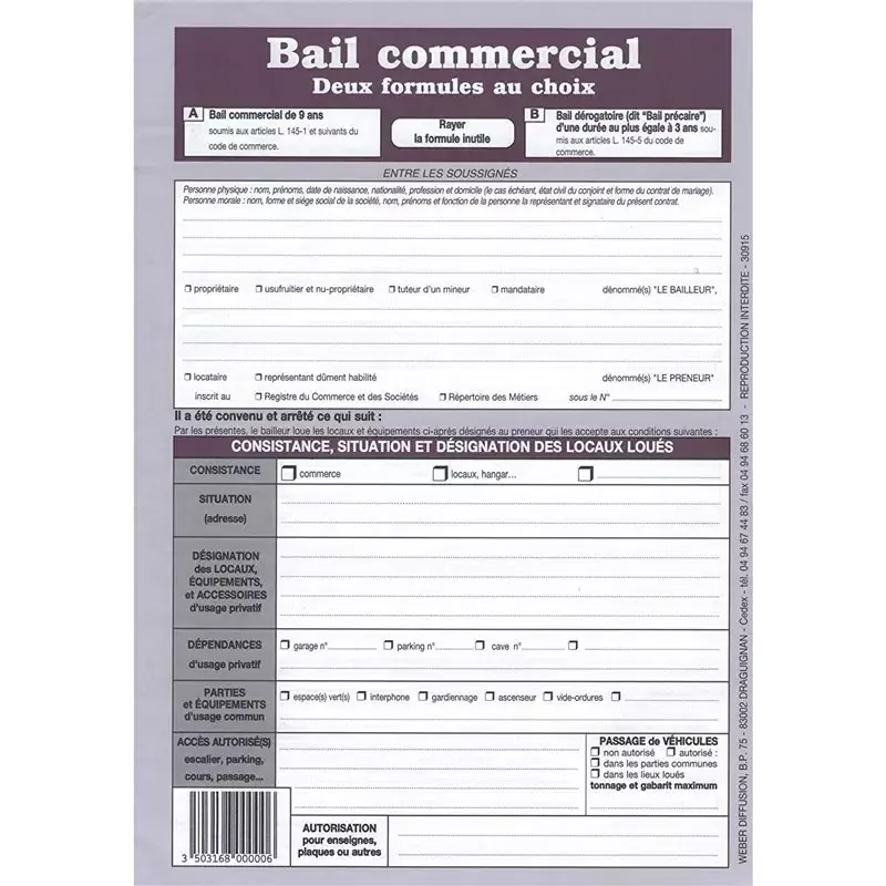 Contrat de bail français WEBER pour locaux a usage commercial