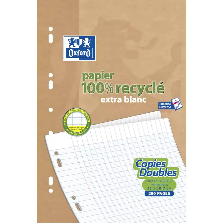 Copies doubles recyclées Oxford grands carreaux perforées A4 90g