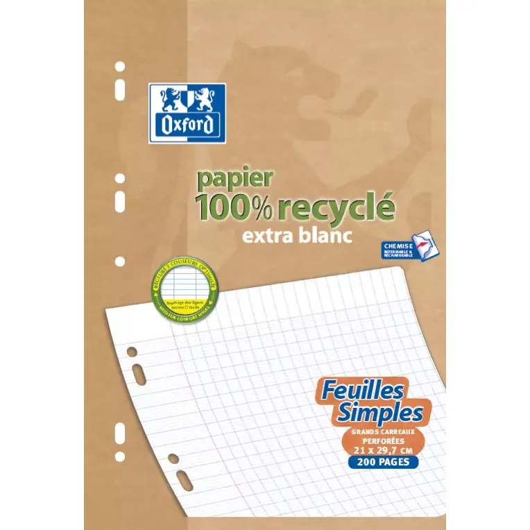 Copies simples recyclées Oxford grands carreaux perforées A4 90g