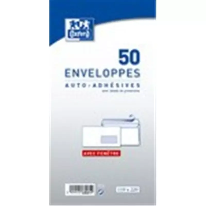 Enveloppes Oxford DL 110 x 220 mm à fenêtre, 80 g, autocollantes, blanches (paquet de 50)