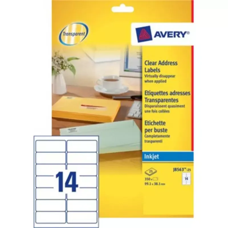 Étiquettes adresses transparentes Avery - jet d'encre - 99,1 x 38,1 mm - 350 étiquettes