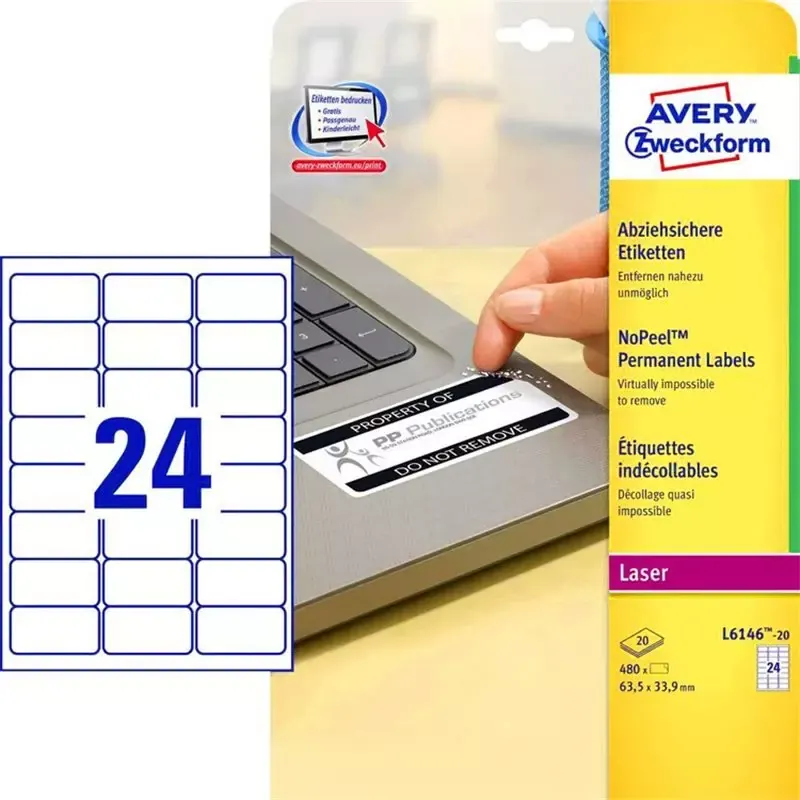 Étiquettes indécollables Avery blanches 63,5 x 33,9 mm pour laser (480 étiquettes)