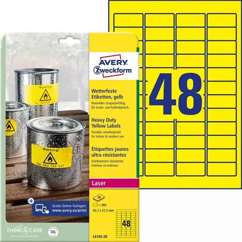 Étiquettes polyester Avery jaunes résistantes 45,7 x 21,2 mm A4 (960 étiquettes)