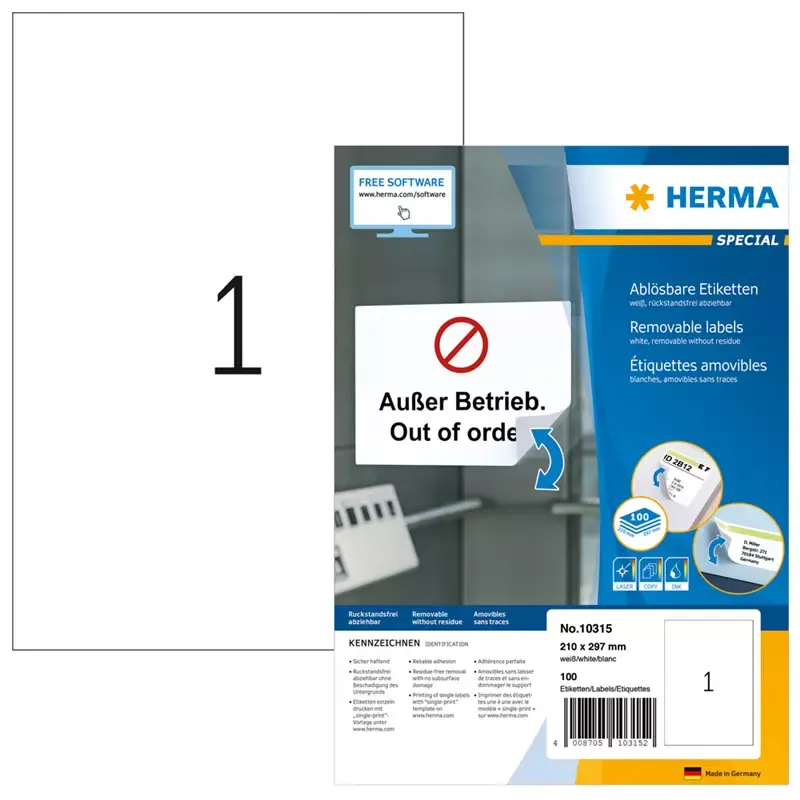 Etiquettes repositionnables Herma – 210 x 297 mm - blanc