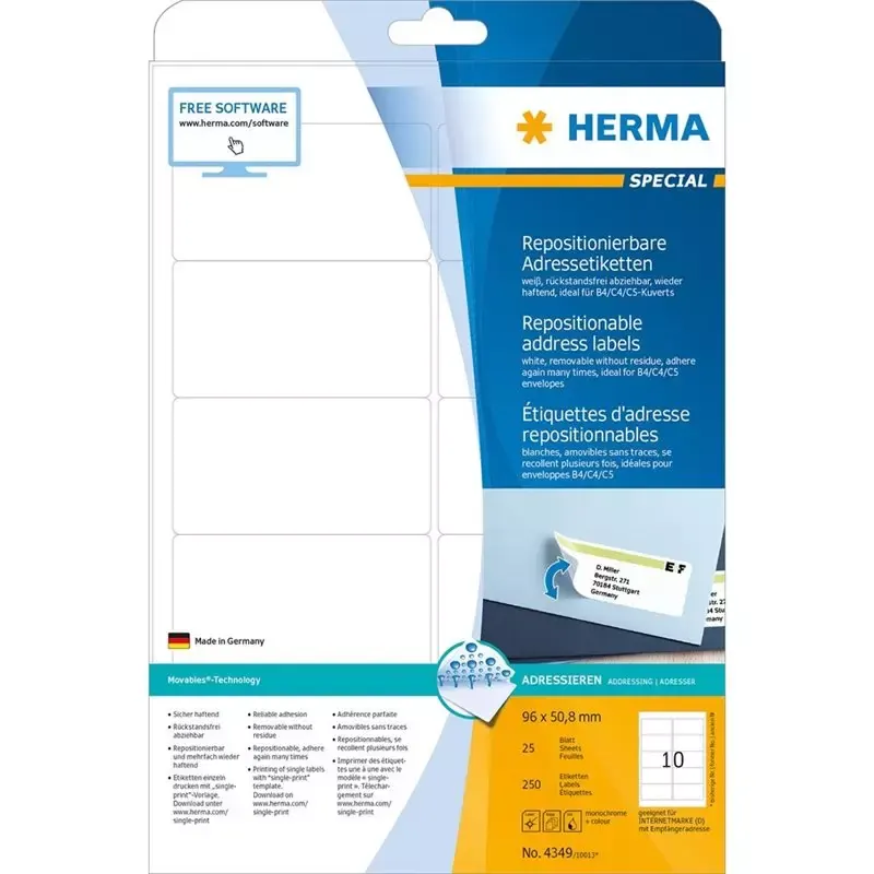Étiquettes repositionnables Herma 96 x 50,8 mm blanches A4 (250 étiquettes)