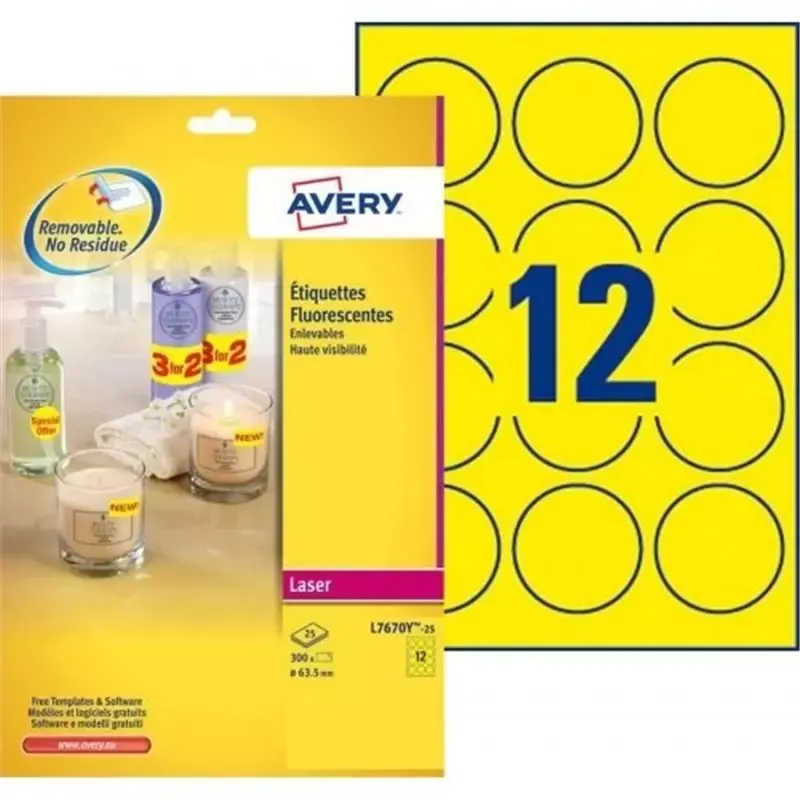Étiquettes rondes Avery jaune fluo enlevables Ø 63,5 mm (300 étiquettes)