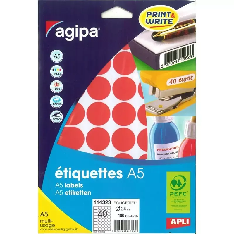 Étiquettes rondes imprimables - diamètre 24 mm - 400 étiquettes rouges