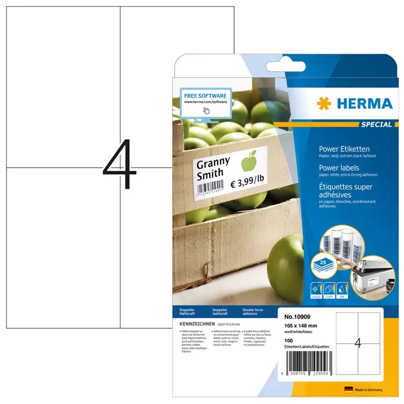 Étiquettes ultra-adhésives Herma Power blanches 105 x 148 mm format A6 (100 étiquettes)