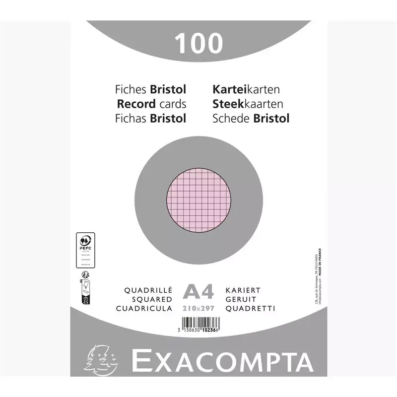 EXACOMPTA 100 Fiches bristol A4 - quadrillé - rose