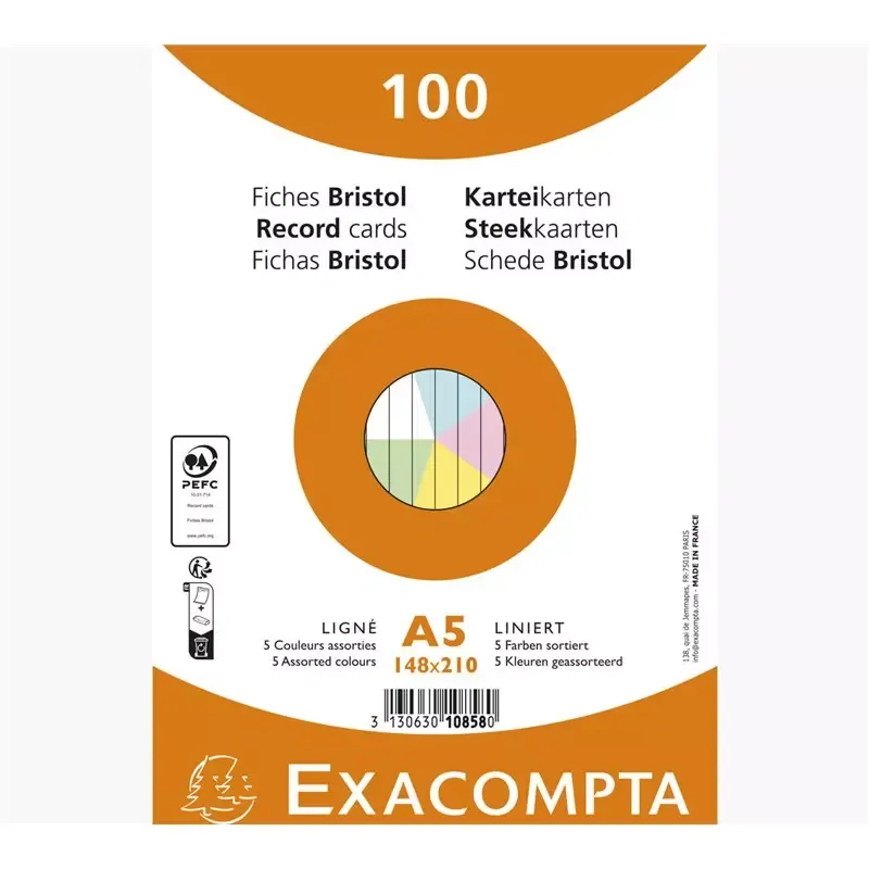 EXACOMPTA 100 Fiches bristol A5 - ligné - assorti