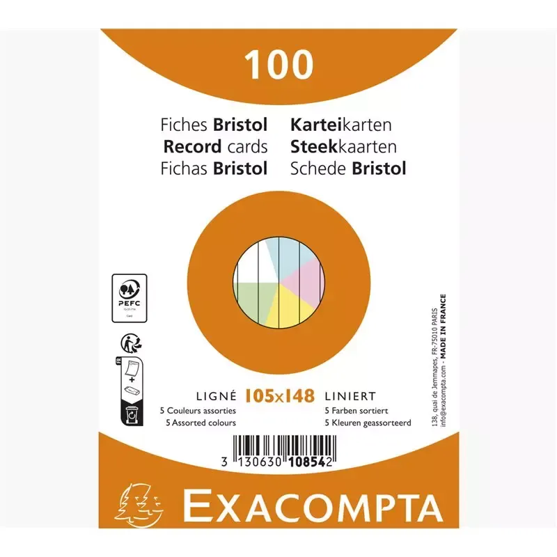 EXACOMPTA 100 Fiches bristol A6 - ligné - assorti
