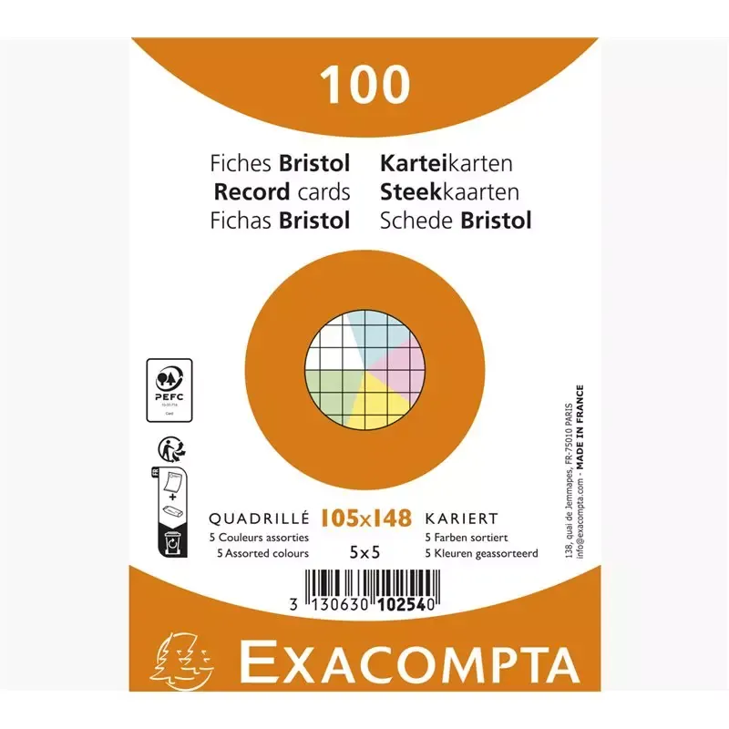 EXACOMPTA 100 Fiches bristol A6 - quadrillé - assorti