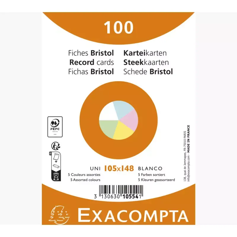 EXACOMPTA 100 Fiches bristol A6 - uni - assorti