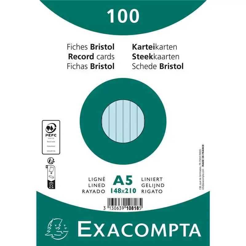 EXACOMPTA Fiches bristol A5 ligné bleu azur