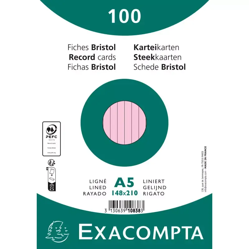 EXACOMPTA Fiches bristol A5 ligné rose