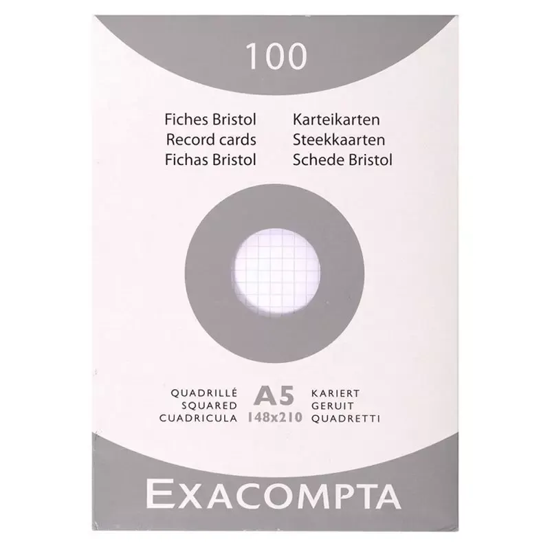 Fiche Bristol non perforée - A5 - carreaux - 205g - blanc