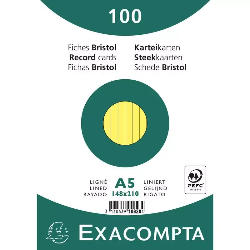 Fiches bristol Exacompta A5 lignées 205 g/m², jaune (paquet de 100)