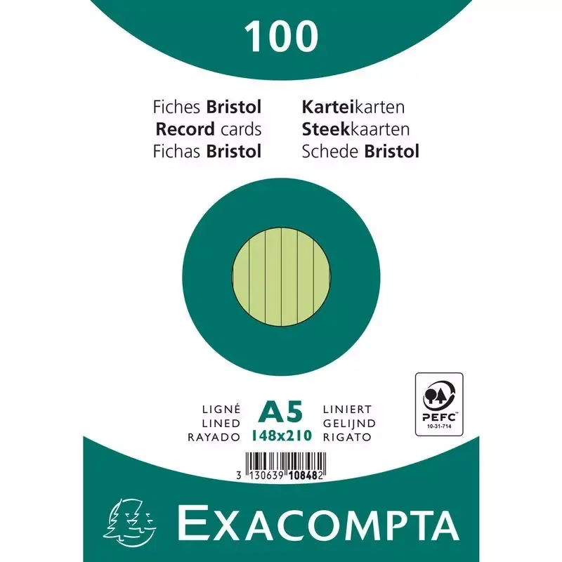 Fiches bristol Exacompta A5 lignées 205 g/m², vert (paquet de 100)