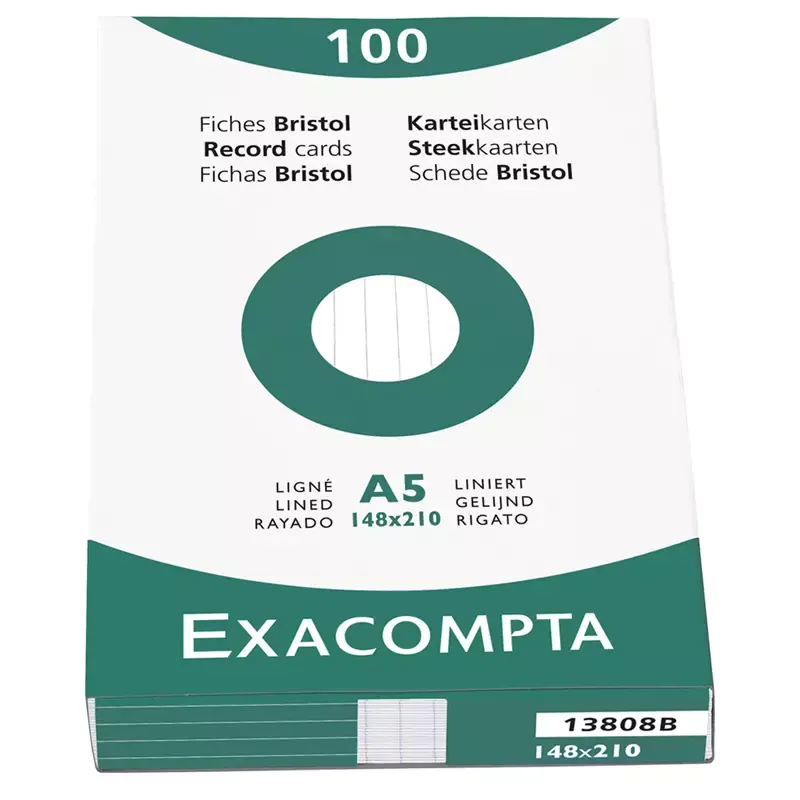 Fiches bristol Exacompta A5 lignées blanches 205 g, étui de 100