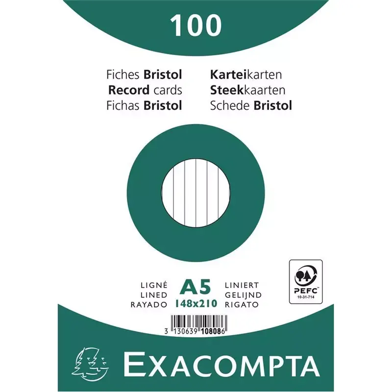 Fiches bristol Exacompta A5 lignées blanches 205 g, paquet de 100 sous film