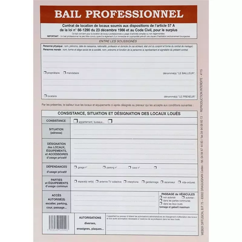 Formulaire de bail professionnel avec état des lieux et acte de caution, 8 pages