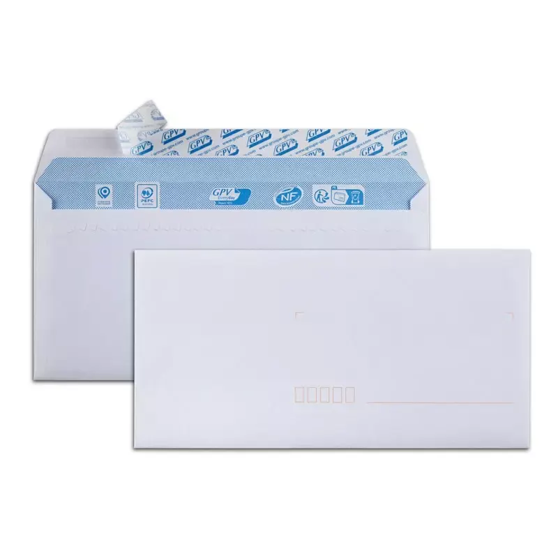 GPV Enveloppes DL 110 x 220 mm blanches sans fenêtre - bande de protection - 80 g/m² - boîte de 500