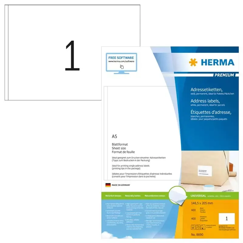 HERMA 400 Étiquettes PREMIUM 148,5 x 205 mm — Blanches, adhérence permanente, format A5