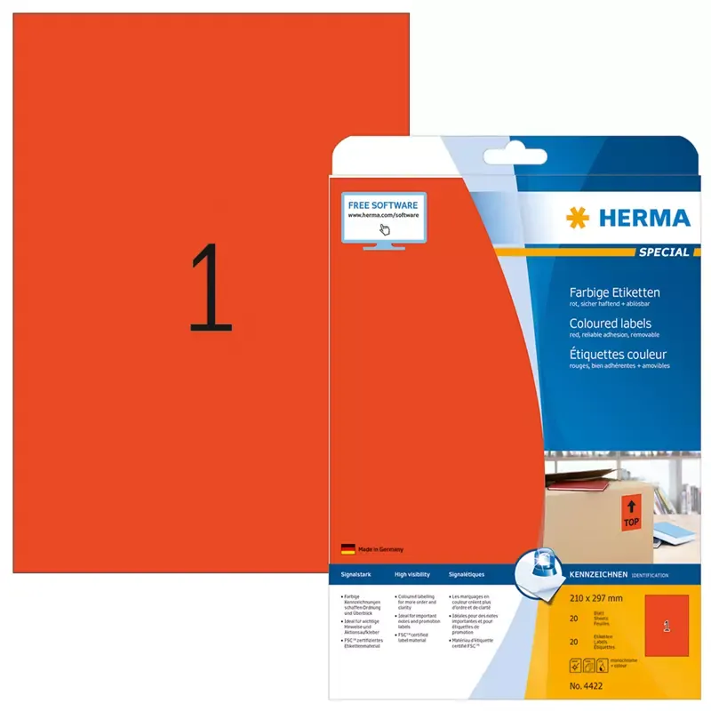 HERMA étiquettes SuperPrint - 210 x 297 mm - sans bord - rouge