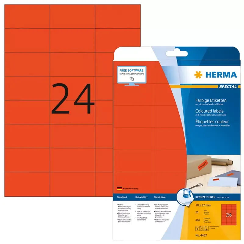 HERMA étiquettes SuperPrint - 70 -0 x 37 -0mm - sans bord - rouge