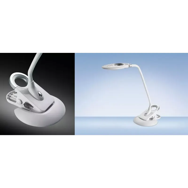 Lampe de bureau à LED Swirl, polyvalente pied/pince, blanc/argent