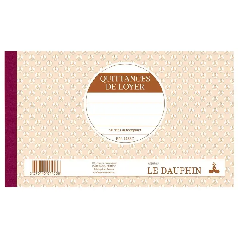 Le Dauphin - Manifold Quittances de Loyer autocopiant triplicata, 125 x 210 mm, 50 feuillets